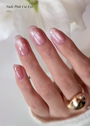AutyaMee Semi Cured Gel Nail Strips - Nude Pink Cat Eye, Light-Chasing 20 Pcs Gel Nail Wraps, Works with Any UV Lamps Avelisse