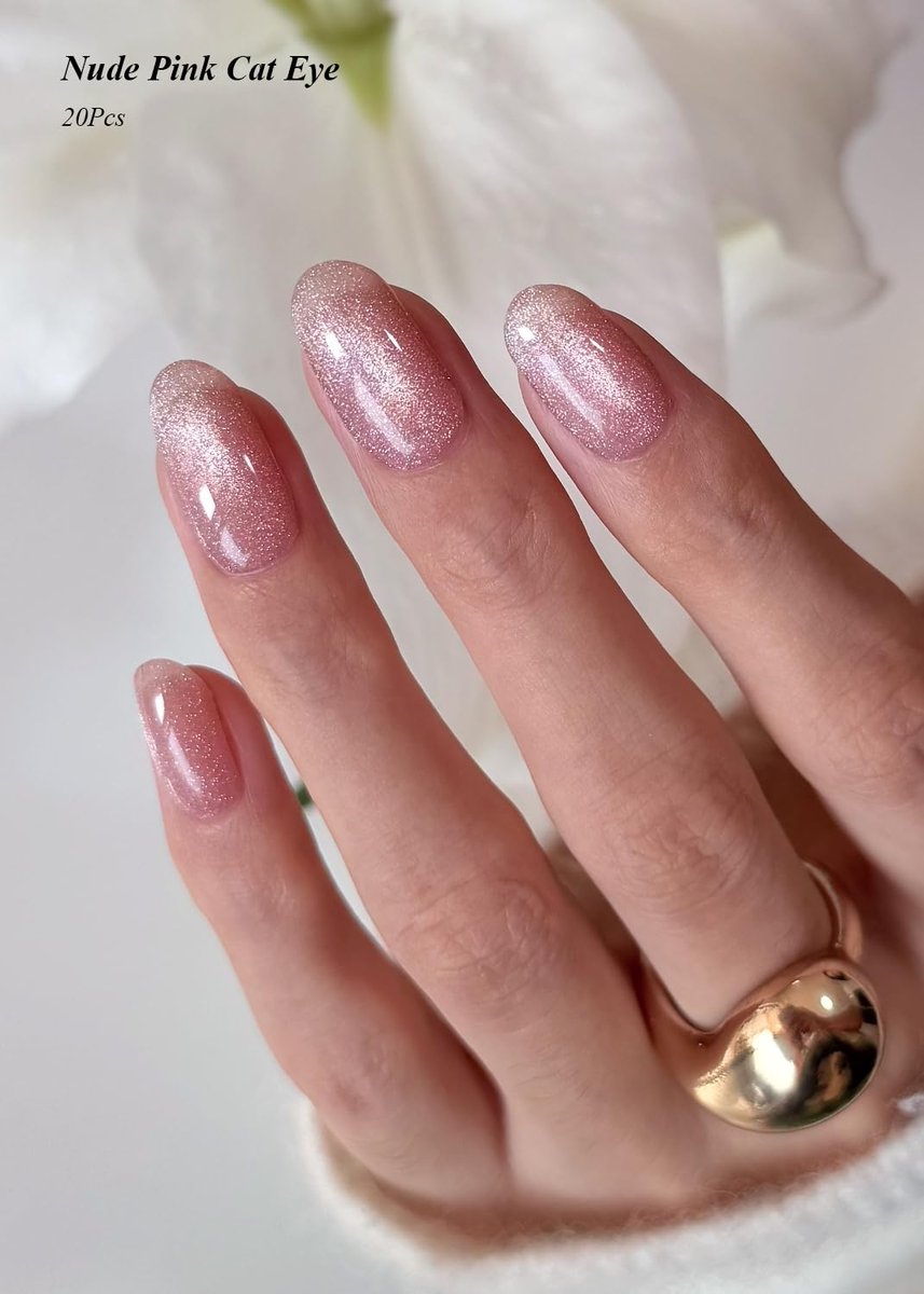 AutyaMee Semi Cured Gel Nail Strips - Nude Pink Cat Eye, Light-Chasing 20 Pcs Gel Nail Wraps, Works with Any UV Lamps Avelisse