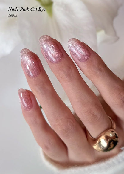 AutyaMee Semi Cured Gel Nail Strips - Nude Pink Cat Eye, Light-Chasing 20 Pcs Gel Nail Wraps, Works with Any UV Lamps Avelisse