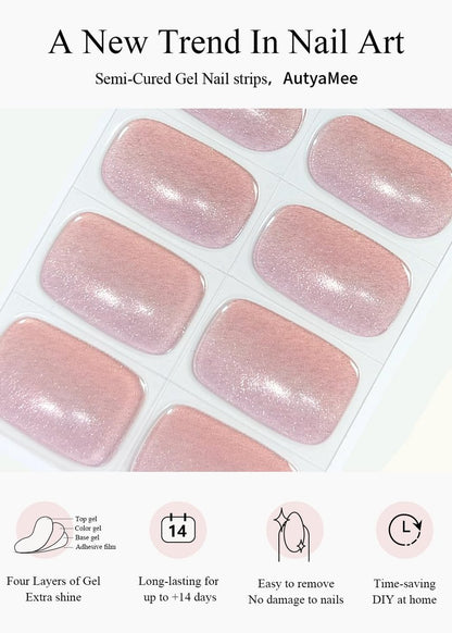AutyaMee Semi Cured Gel Nail Strips - Nude Pink Cat Eye, Light-Chasing 20 Pcs Gel Nail Wraps, Works with Any UV Lamps Avelisse