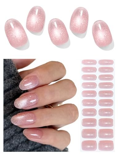 AutyaMee Semi Cured Gel Nail Strips - Nude Pink Cat Eye, Light-Chasing 20 Pcs Gel Nail Wraps, Works with Any UV Lamps Avelisse