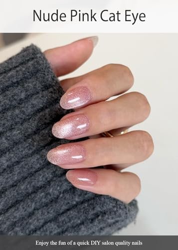 AutyaMee Semi Cured Gel Nail Strips - Nude Pink Cat Eye, Light-Chasing 20 Pcs Gel Nail Wraps, Works with Any UV Lamps Avelisse