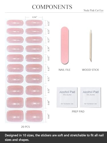 AutyaMee Semi Cured Gel Nail Strips - Nude Pink Cat Eye, Light-Chasing 20 Pcs Gel Nail Wraps, Works with Any UV Lamps Avelisse