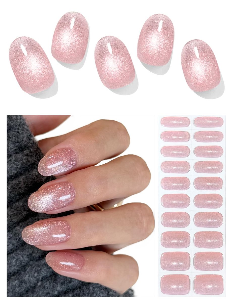 AutyaMee Semi Cured Gel Nail Strips - Nude Pink Cat Eye, Light-Chasing 20 Pcs Gel Nail Wraps, Works with Any UV Lamps Avelisse