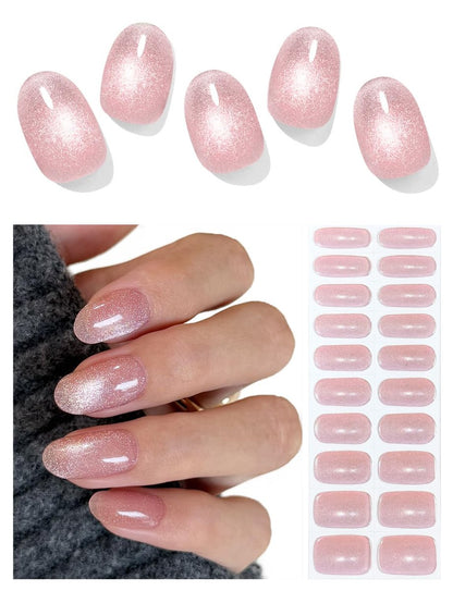 AutyaMee Semi Cured Gel Nail Strips - Nude Pink Cat Eye, Light-Chasing 20 Pcs Gel Nail Wraps, Works with Any UV Lamps Avelisse