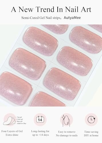 AutyaMee Semi Cured Gel Nail Strips - Nude Pink Cat Eye, Light-Chasing 20 Pcs Gel Nail Wraps, Works with Any UV Lamps Avelisse