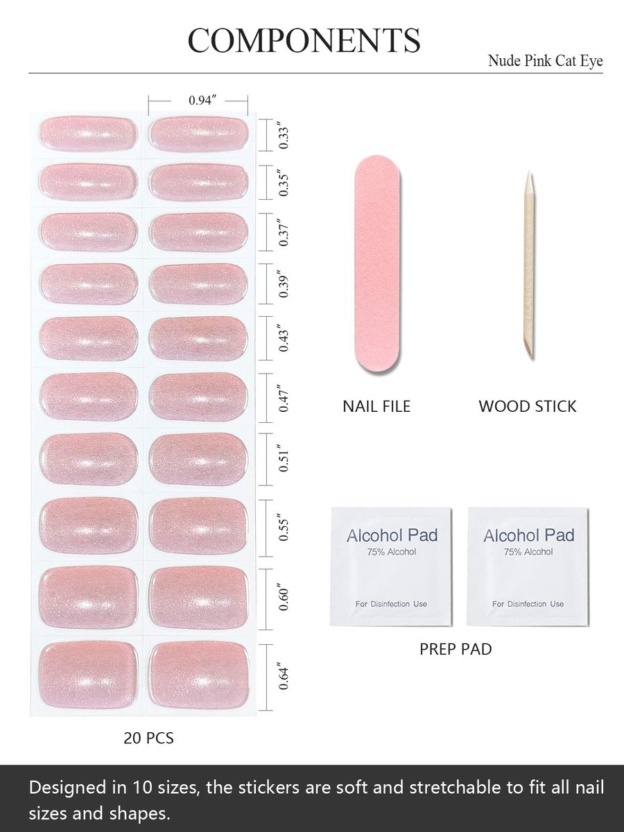 AutyaMee Semi Cured Gel Nail Strips - Nude Pink Cat Eye, Light-Chasing 20 Pcs Gel Nail Wraps, Works with Any UV Lamps Avelisse