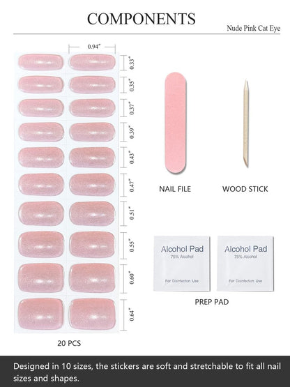 AutyaMee Semi Cured Gel Nail Strips - Nude Pink Cat Eye, Light-Chasing 20 Pcs Gel Nail Wraps, Works with Any UV Lamps Avelisse
