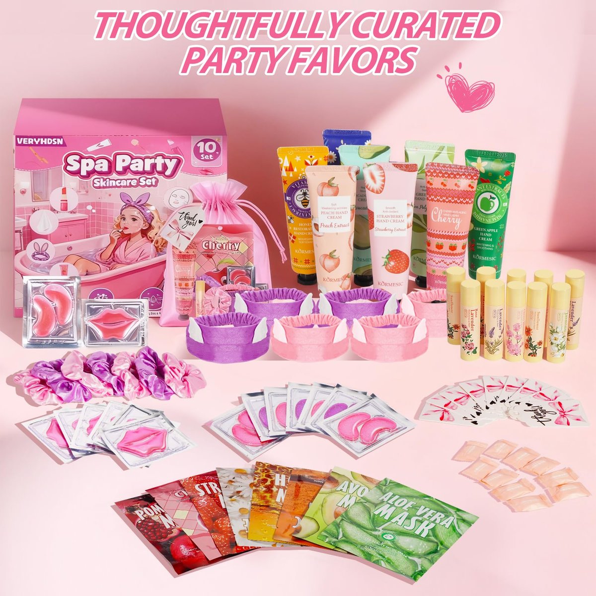 100-Piece Spa Party Supplies for Girls – Sleepover & Slumber Party Favors with Facial Masks, Hand Cream, Lip Balm, Under Eye Patches, Lip Mask – Pink Avelisse
