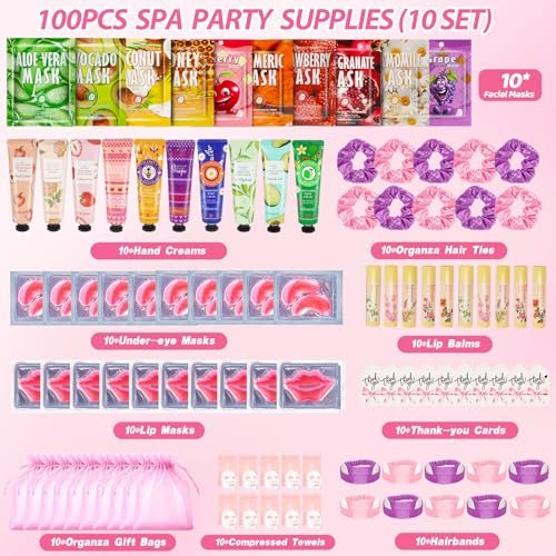 100-Piece Spa Party Supplies for Girls – Sleepover & Slumber Party Favors with Facial Masks, Hand Cream, Lip Balm, Under Eye Patches, Lip Mask – Pink Avelisse