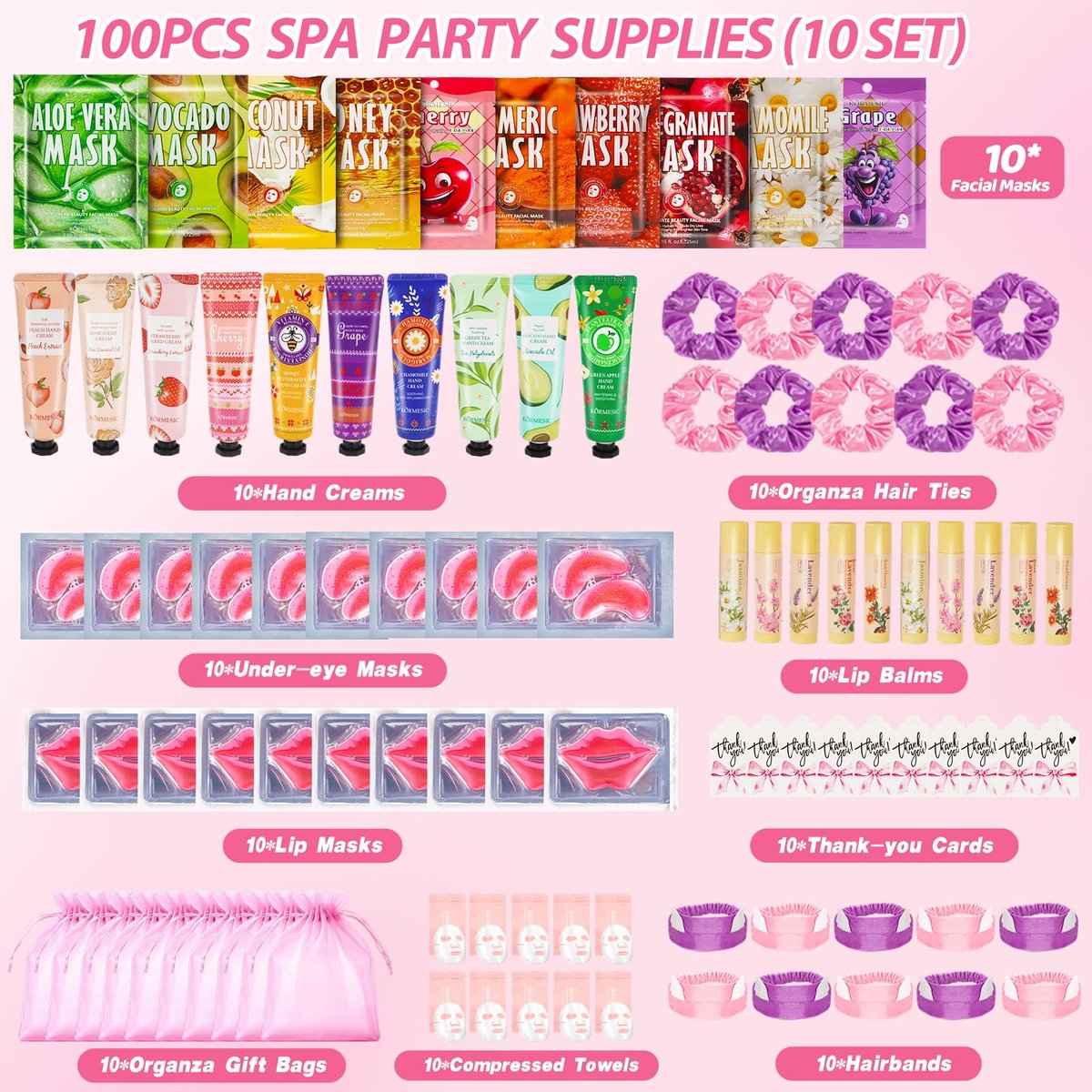 100-Piece Spa Party Supplies for Girls – Sleepover & Slumber Party Favors with Facial Masks, Hand Cream, Lip Balm, Under Eye Patches, Lip Mask – Pink Avelisse