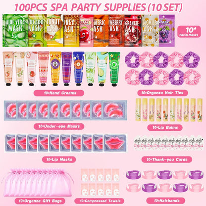 100-Piece Spa Party Supplies for Girls – Sleepover & Slumber Party Favors with Facial Masks, Hand Cream, Lip Balm, Under Eye Patches, Lip Mask – Pink Avelisse