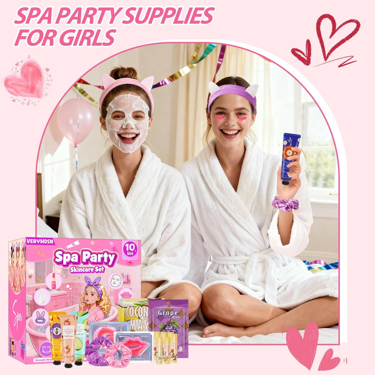 100-Piece Spa Party Supplies for Girls – Sleepover & Slumber Party Favors with Facial Masks, Hand Cream, Lip Balm, Under Eye Patches, Lip Mask – Pink Avelisse