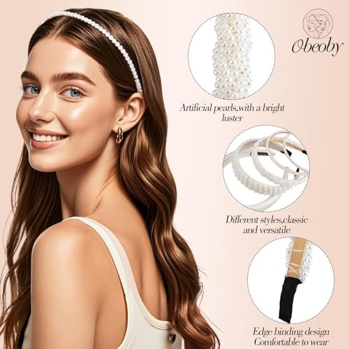 obeoby White Wedding Bridal Headbands - 5-Pack Pearl & Rhinestone Hair Accessories for Brides, Bridal Party, and Showers - görsel 6