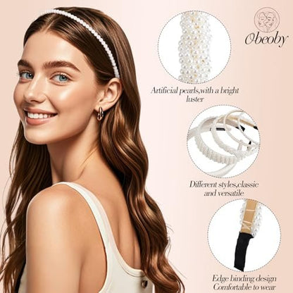 obeoby White Wedding Bridal Headbands - 5-Pack Pearl & Rhinestone Hair Accessories for Brides, Bridal Party, and Showers