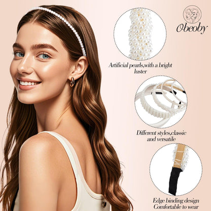 obeoby White Wedding Bridal Headbands - 5-Pack Pearl & Rhinestone Hair Accessories for Brides, Bridal Party, and Showers