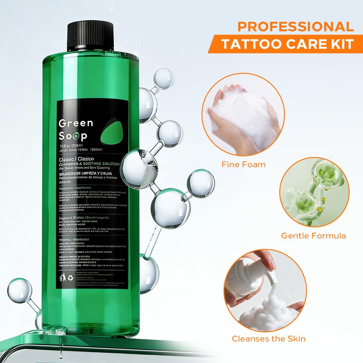 Yuelong 16.9oz Green Soap Tattoo with 7oz Foaming Bottle Kit – Ultra Concentrated Professional Tattoo & Piercing Skin Cleaning Solution Avelisse