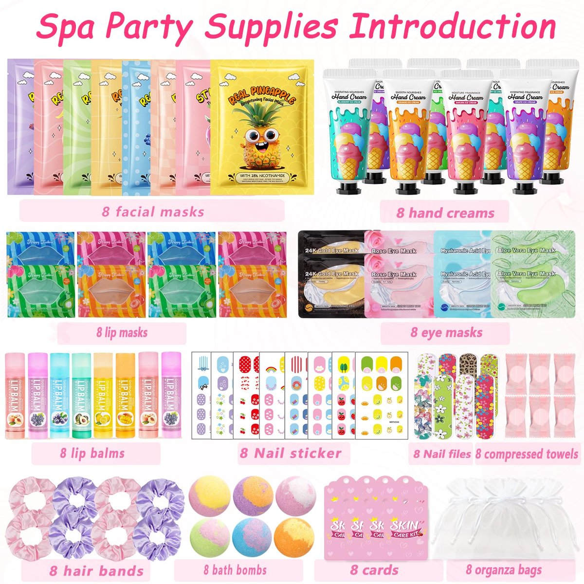 96 PCS Spa Party Supplies for Women - Ultimate Spa Favors Gift Set with Face Masks, Hand Cream, Lip Balm, Under Eye Patches, Foot Bombs & More - Pink Sleepover Birthday Kit Avelisse