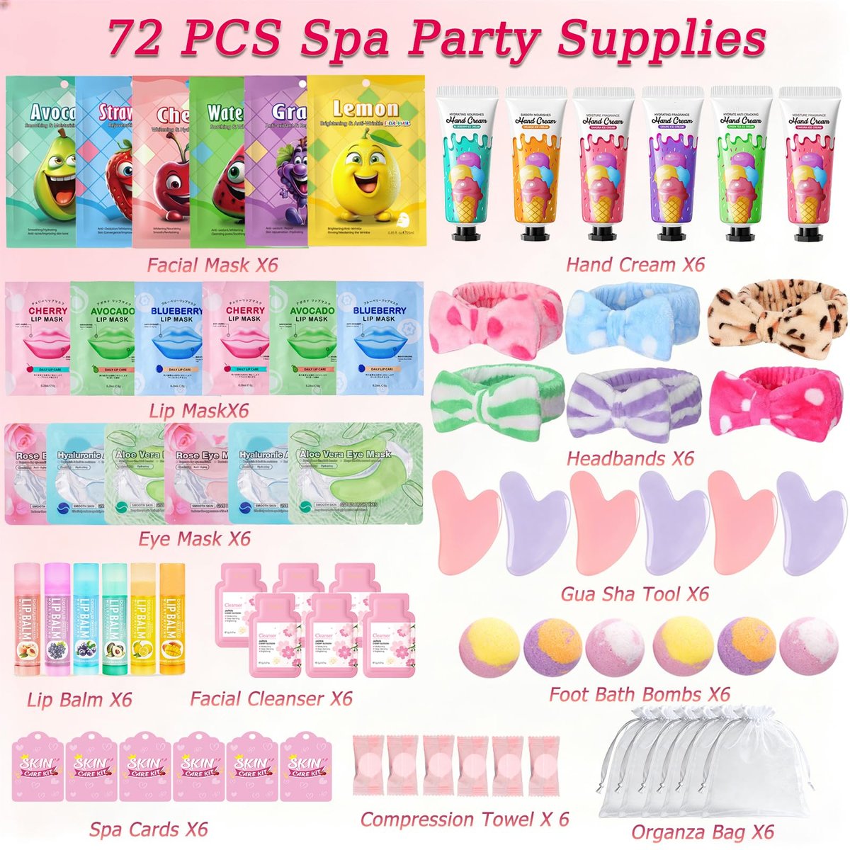 72-Piece Spa Party Supplies for Girls | DIY Face Masks, Lip Balm, Under Eye Patches, Bath Bombs & Headband | Sleepover Birthday Kit for Women Avelisse