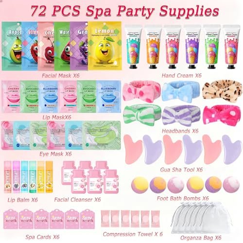 72-Piece Spa Party Supplies for Girls | DIY Face Masks, Lip Balm, Under Eye Patches, Bath Bombs & Headband | Sleepover Birthday Kit for Women Avelisse