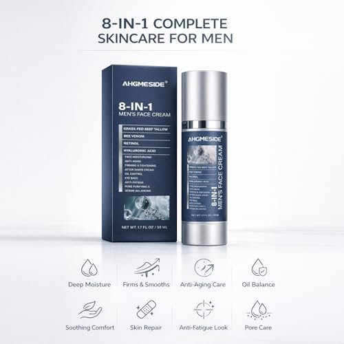 Ahgmeside 8-in-1 Face Cream for Men - Anti-Aging Daily Moisturizer with Hyaluronic Acid & Shea Butter, Lightweight Formula, 1.7 oz Avelisse