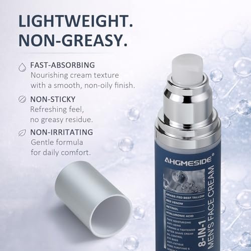Ahgmeside 8-in-1 Face Cream for Men - Anti-Aging Daily Moisturizer with Hyaluronic Acid & Shea Butter, Lightweight Formula, 1.7 oz Avelisse