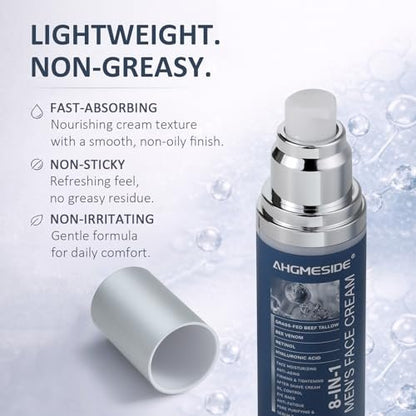 Ahgmeside 8-in-1 Face Cream for Men - Anti-Aging Daily Moisturizer with Hyaluronic Acid & Shea Butter, Lightweight Formula, 1.7 oz Avelisse