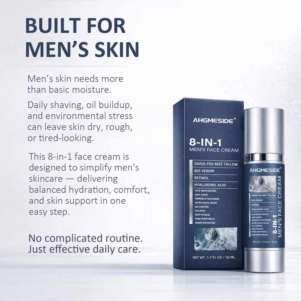 Ahgmeside 8-in-1 Face Cream for Men - Anti-Aging Daily Moisturizer with Hyaluronic Acid & Shea Butter, Lightweight Formula, 1.7 oz Avelisse