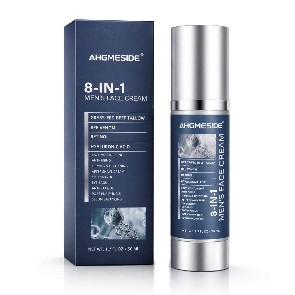 Ahgmeside 8-in-1 Face Cream for Men - Anti-Aging Daily Moisturizer with Hyaluronic Acid & Shea Butter, Lightweight Formula, 1.7 oz Avelisse