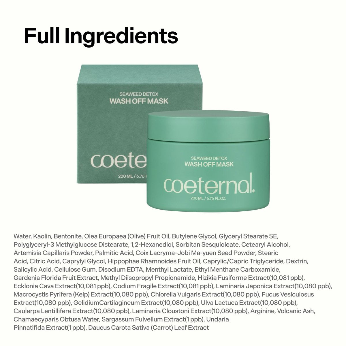 Coeternal Seaweed Detox Wash Off Mask – Cooling Korean Clay Mask with Bentonite, Kaolin & Seaweed Extracts for Pore Minimizing & Deep Cleansing, Non-Drying Mud Mask, 200ml Avelisse
