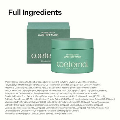 Coeternal Seaweed Detox Wash Off Mask – Cooling Korean Clay Mask with Bentonite, Kaolin & Seaweed Extracts for Pore Minimizing & Deep Cleansing, Non-Drying Mud Mask, 200ml Avelisse