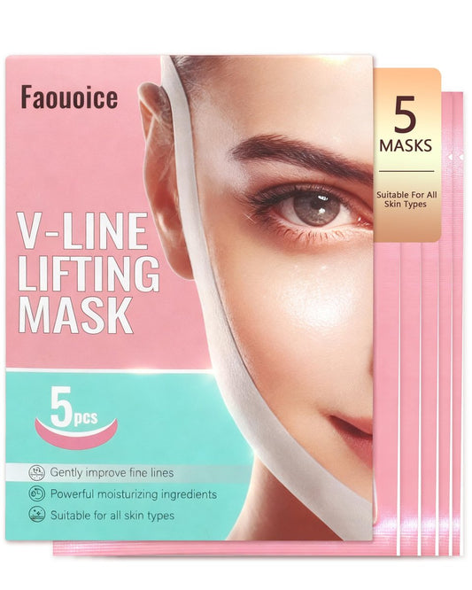 Faouoice V-Line Lifting Collagen Face Mask (5 Pcs) - Double Chin Reducer with Hyaluronic Acid & Aloe Vera, Deep Collagen Face Mask for Women, Chin Lifting Masks Jawline Shaper Neck Wrinkle Patches