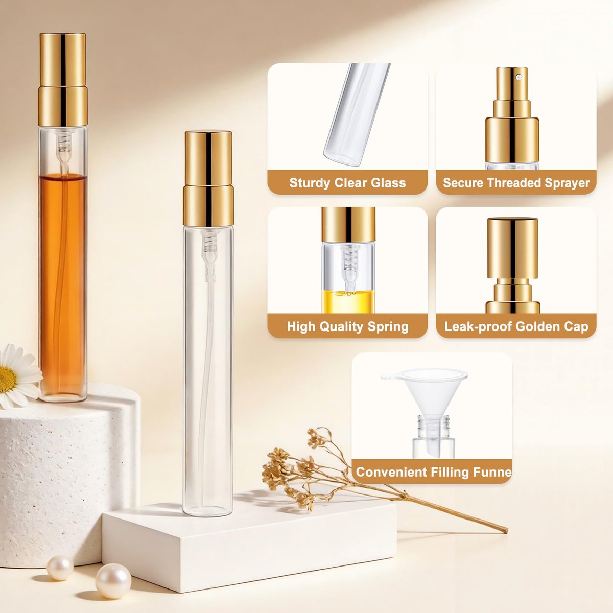 BESNEL 50pcs Mini Glass Spray Bottles 10ml - Fine Mist Refillable Perfume Atomizer, Empty Travel Spray Bottle for Hair, Small Sample Containers Portable (Gold) Avelisse