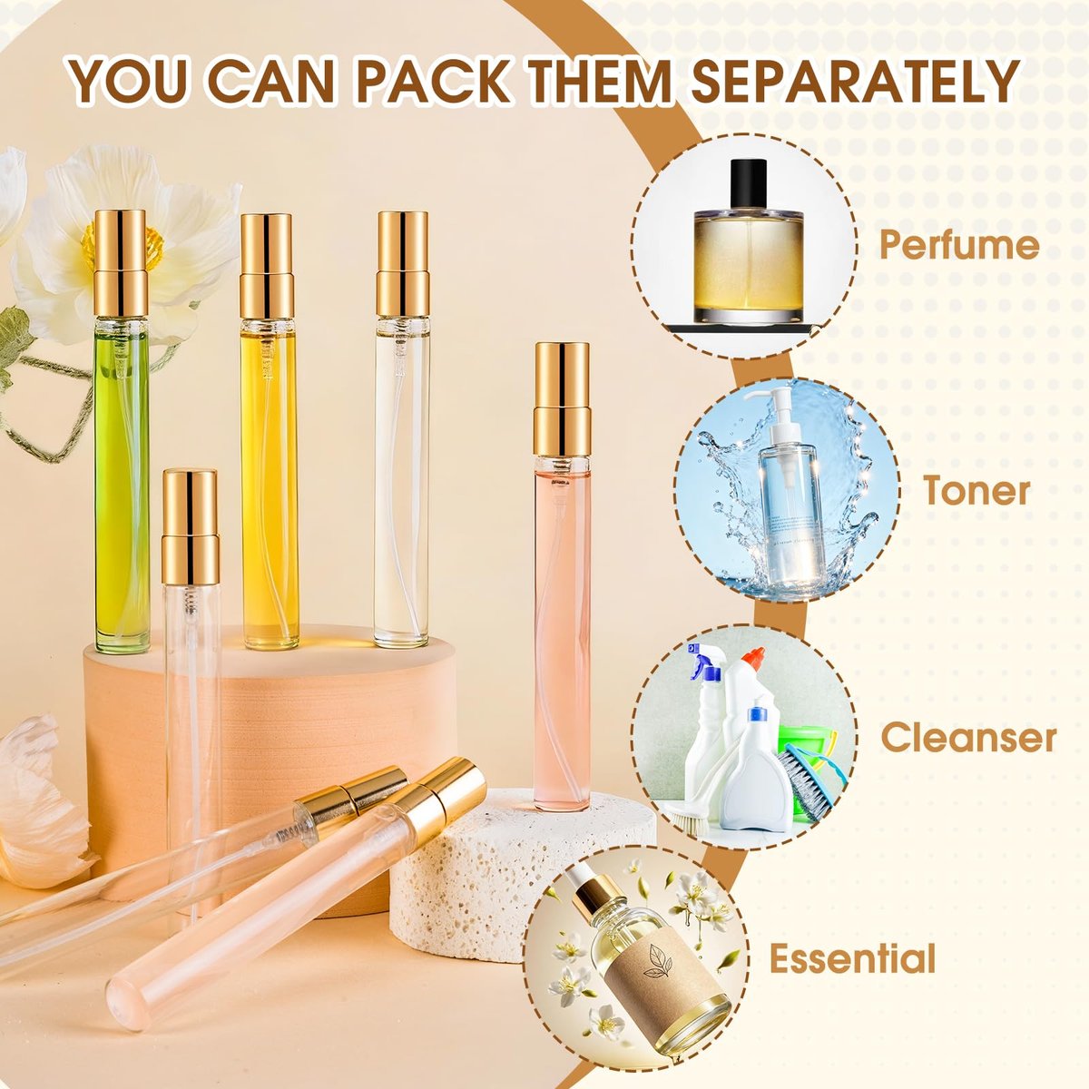 BESNEL 50pcs Mini Glass Spray Bottles 10ml - Fine Mist Refillable Perfume Atomizer, Empty Travel Spray Bottle for Hair, Small Sample Containers Portable (Gold) Avelisse