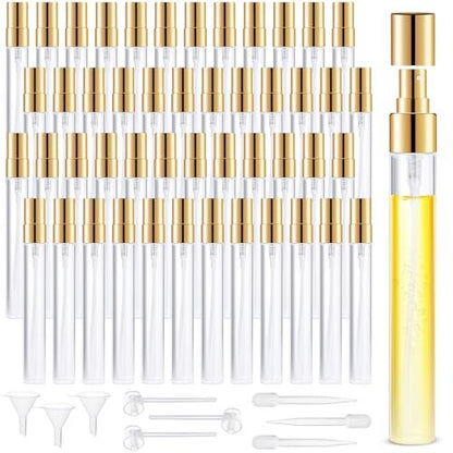 BESNEL 50pcs Mini Glass Spray Bottles 10ml - Fine Mist Refillable Perfume Atomizer, Empty Travel Spray Bottle for Hair, Small Sample Containers Portable (Gold) Avelisse