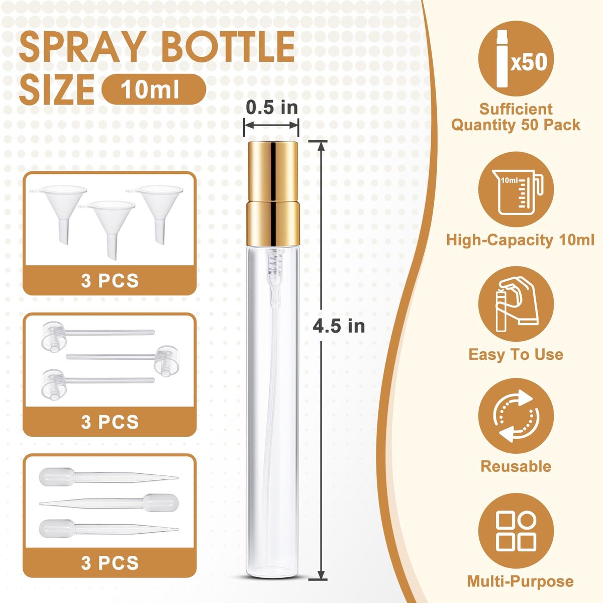 BESNEL 50pcs Mini Glass Spray Bottles 10ml - Fine Mist Refillable Perfume Atomizer, Empty Travel Spray Bottle for Hair, Small Sample Containers Portable (Gold) Avelisse