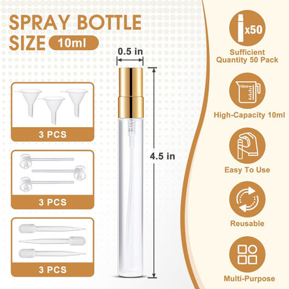 BESNEL 50pcs Mini Glass Spray Bottles 10ml - Fine Mist Refillable Perfume Atomizer, Empty Travel Spray Bottle for Hair, Small Sample Containers Portable (Gold) Avelisse