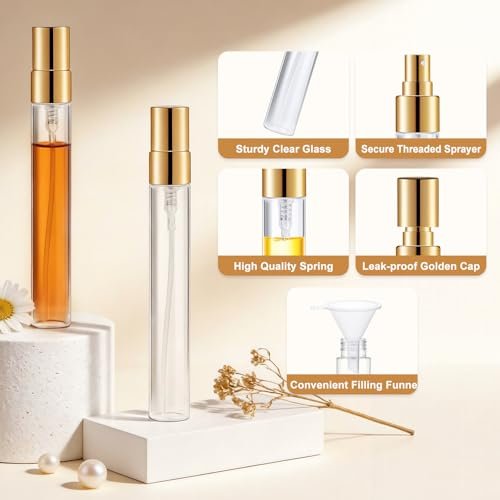 BESNEL 50pcs Mini Glass Spray Bottles 10ml - Fine Mist Refillable Perfume Atomizer, Empty Travel Spray Bottle for Hair, Small Sample Containers Portable (Gold) Avelisse