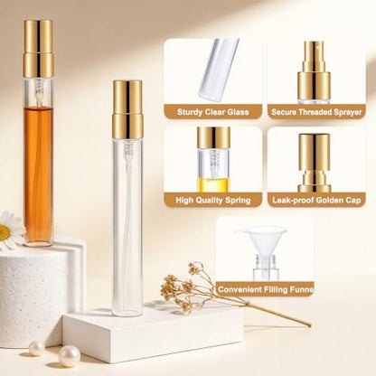 BESNEL 50pcs Mini Glass Spray Bottles 10ml - Fine Mist Refillable Perfume Atomizer, Empty Travel Spray Bottle for Hair, Small Sample Containers Portable (Gold) Avelisse
