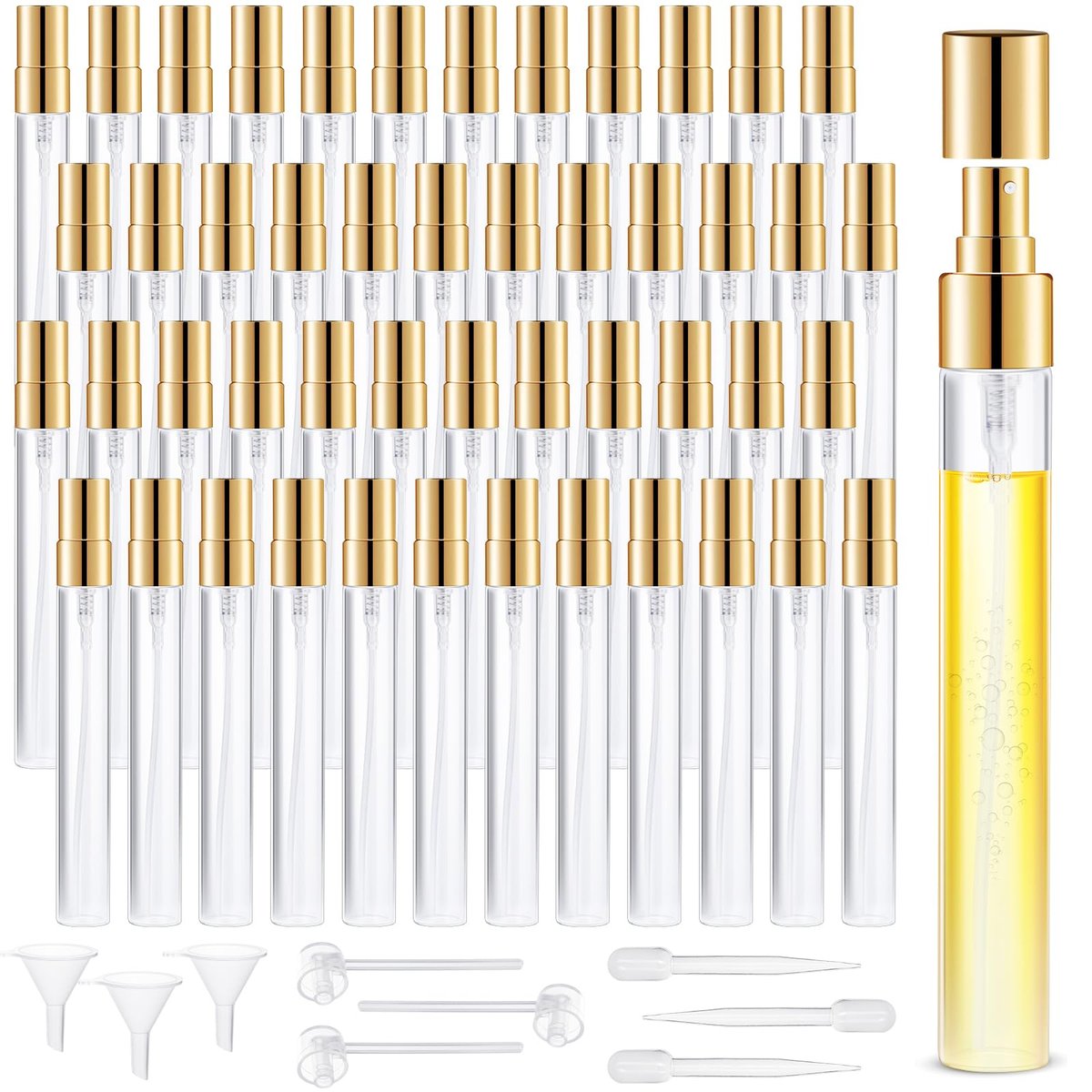 BESNEL 50pcs Mini Glass Spray Bottles 10ml - Fine Mist Refillable Perfume Atomizer, Empty Travel Spray Bottle for Hair, Small Sample Containers Portable (Gold) Avelisse