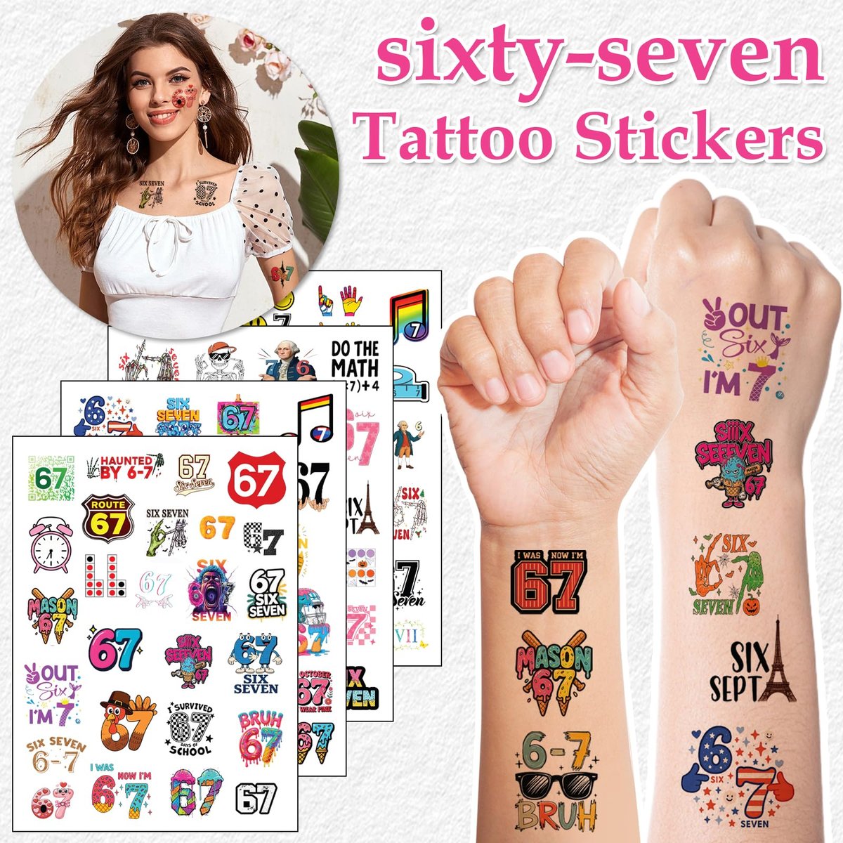 100Pcs 6 7 Meme Temporary Tattoos Stickers Set for Adults Teens, Funny Six Seven Waterproof Party Favors - görsel 3