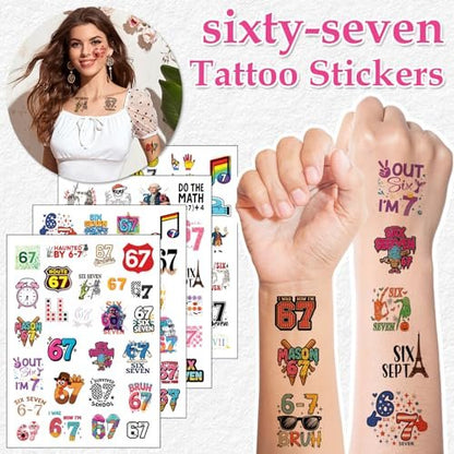 100Pcs 6 7 Meme Temporary Tattoos Stickers Set for Adults Teens, Funny Six Seven Waterproof Party Favors