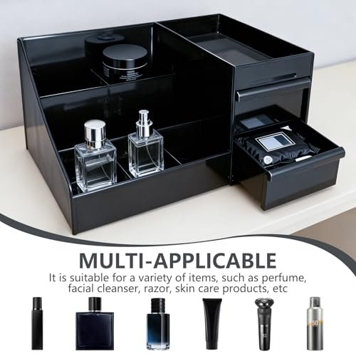 Cologne Organizer for Men - Black Plastic Countertop Stand with Storage Shelf for Bathroom, Vanity, Bedroom Avelisse