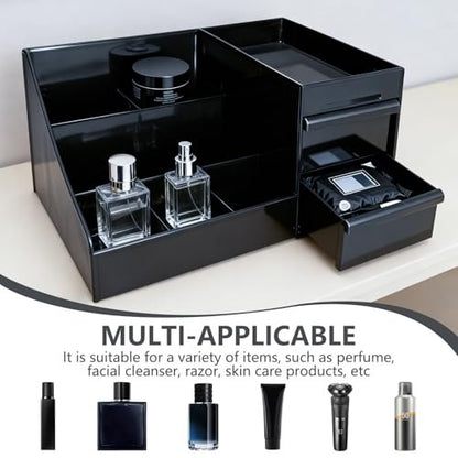 Cologne Organizer for Men - Black Plastic Countertop Stand with Storage Shelf for Bathroom, Vanity, Bedroom Avelisse