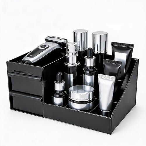 Cologne Organizer for Men - Black Plastic Countertop Stand with Storage Shelf for Bathroom, Vanity, Bedroom Avelisse
