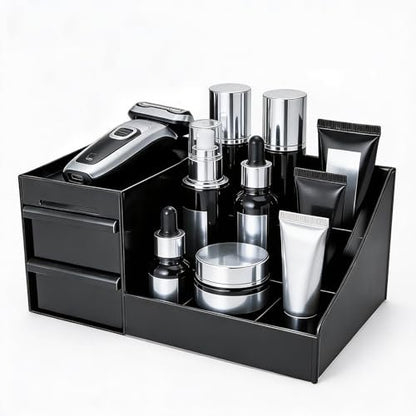 Cologne Organizer for Men - Black Plastic Countertop Stand with Storage Shelf for Bathroom, Vanity, Bedroom Avelisse