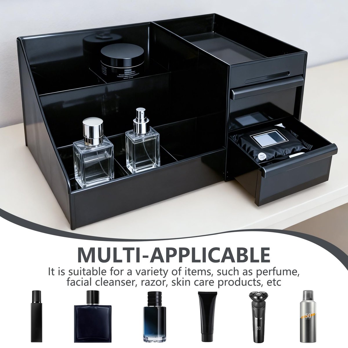 Cologne Organizer for Men - Black Plastic Countertop Stand with Storage Shelf for Bathroom, Vanity, Bedroom Avelisse