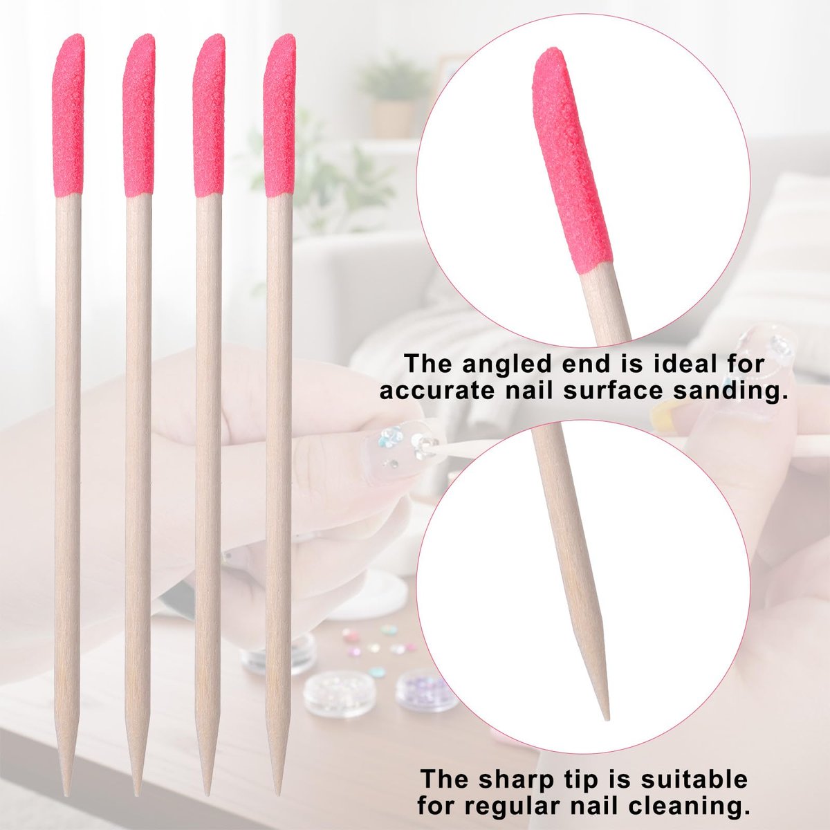 50 Pack Natural Wooden Sanding Sticks for Plastic Models & Manicure – Pink Pumice Stone Cuticle Pusher File, Double-Headed Fine Detailing Tools for Home Salon Mani Pedi - görsel 5
