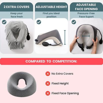 Face Down Pillow for Massage - Adjustable Massage Headrest Face Cradle for Bed - Breathable Stomach Sleeping Pillow with 2 Washable Pads - Grey Avelisse