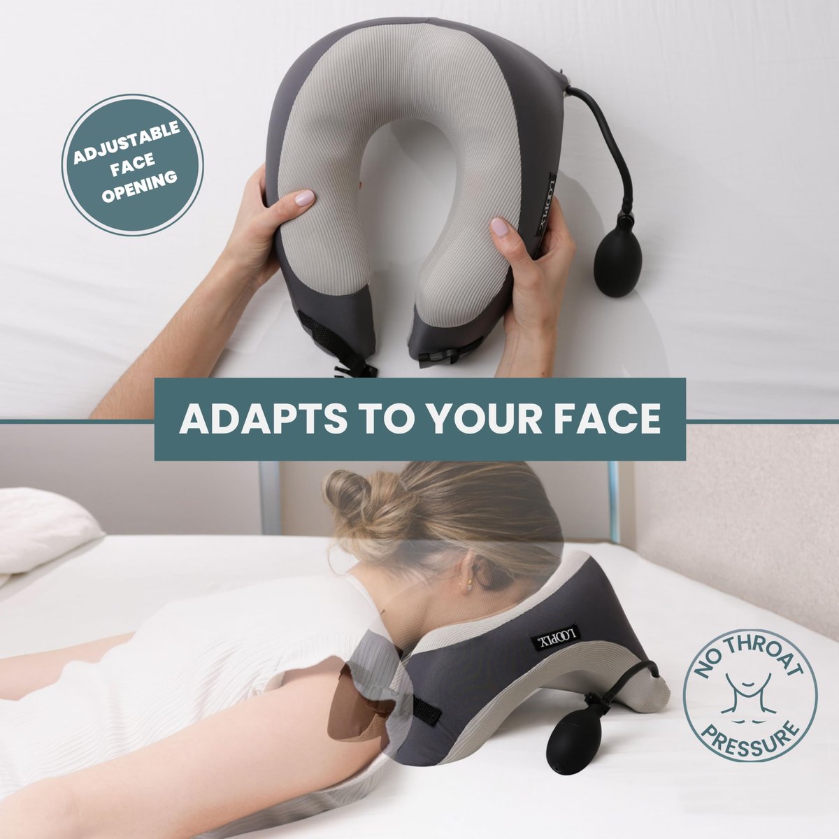 Face Down Pillow for Massage - Adjustable Massage Headrest Face Cradle for Bed - Breathable Stomach Sleeping Pillow with 2 Washable Pads - Grey Avelisse